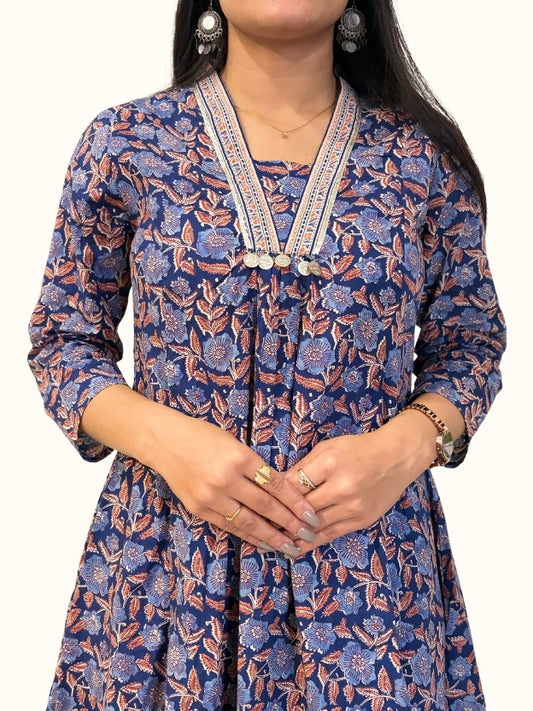 Blue Cotton Floral A-Line Kurta Set with Chiffon Dupatta