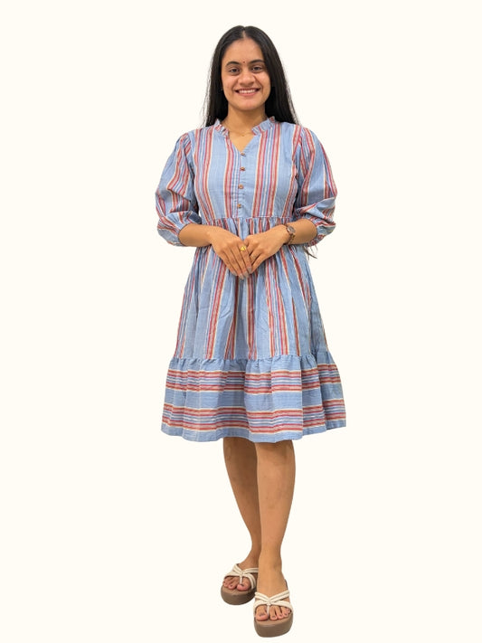 Sky Blue Cotton Blend Dress with Ruffle Neck & Puff Sleeves