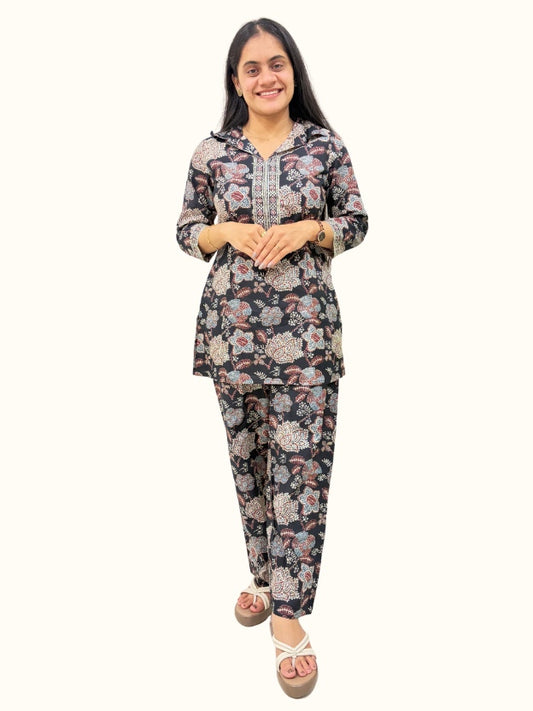 Black Floral Printed Cotton Co-Ord Set
