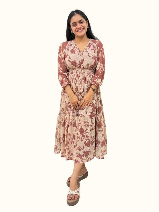 Brown Floral Dobby Georgette Flared Dress with Smocked Waist