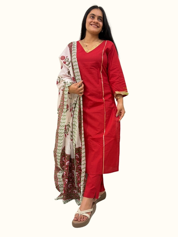 Crimson Gota Grace Cotton Kurta Set with Floral Dupatta