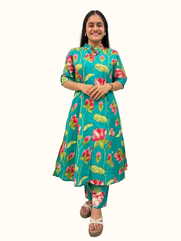 Jade Lotus – Premium Jaipuri Floral Cotton Co-Ord Set
