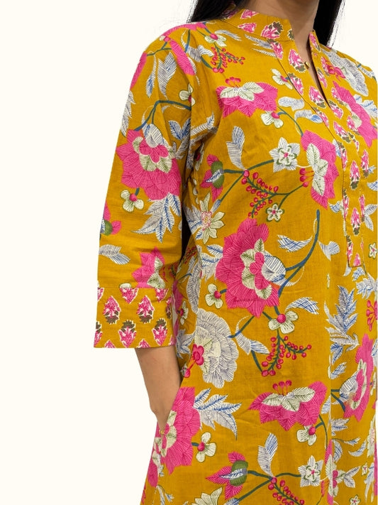 Sunlit Marigold Bloom – Premium Mustard Floral Cotton Co-Ord Set