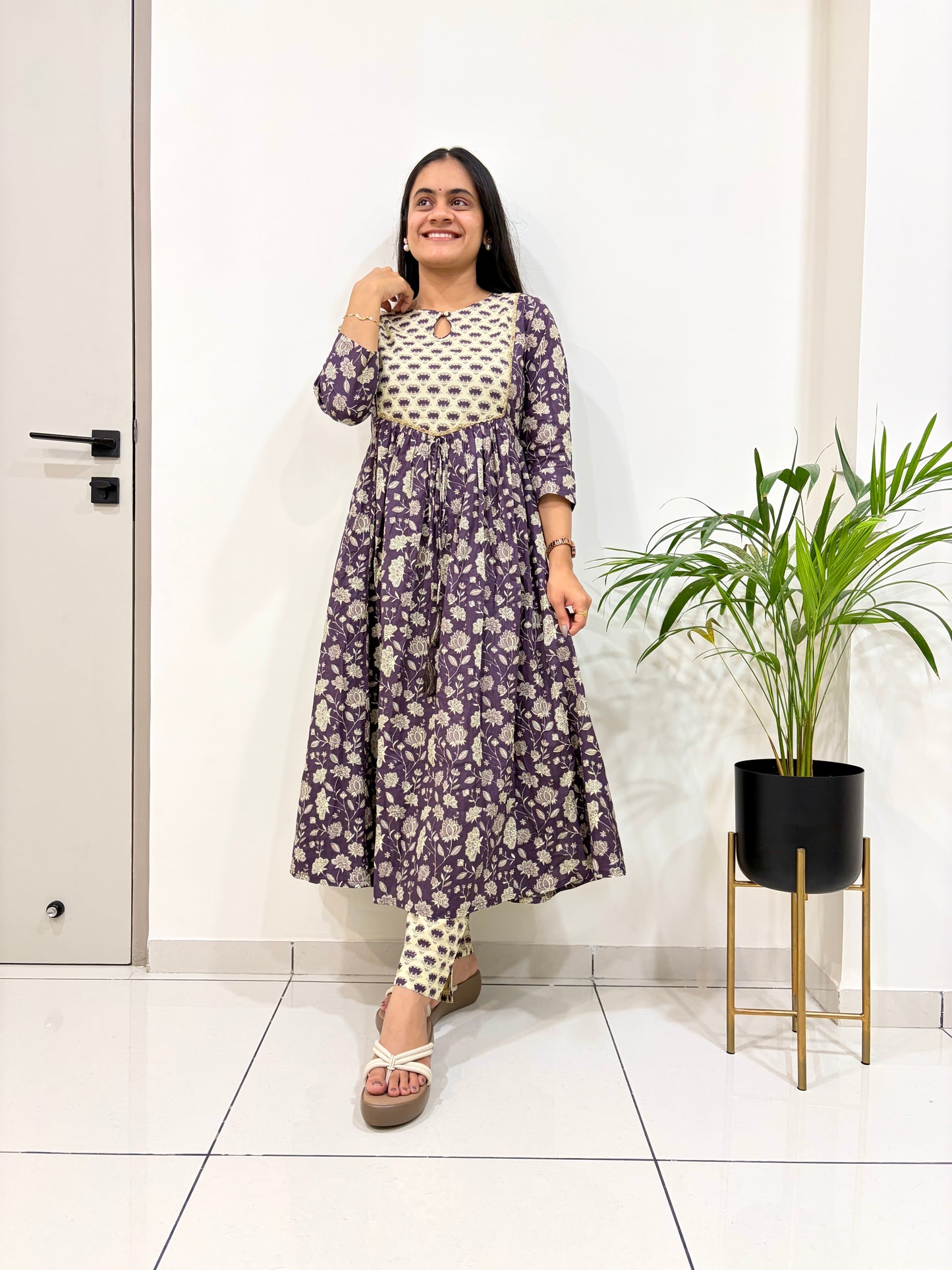 Amethyst Bloom Cotton A-Line Kurta Set