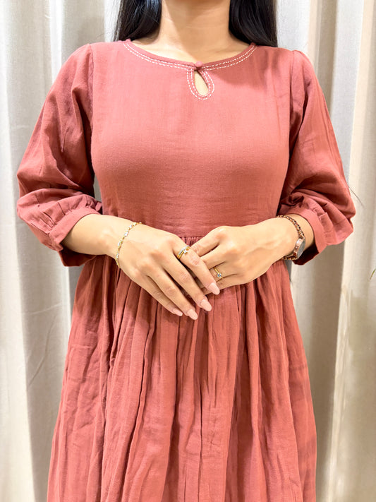 Pure Cocoa Brown Cotton Fit & Flare Midi Dress with Puff Sleeves & Side Pocket
