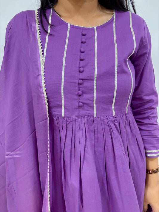 Women Striped Pleated Gotta Patti Pure Cotton Kurti With Sharara & Dupatta