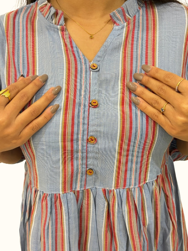 Sky Blue Cotton Blend Dress with Ruffle Neck & Puff Sleeves