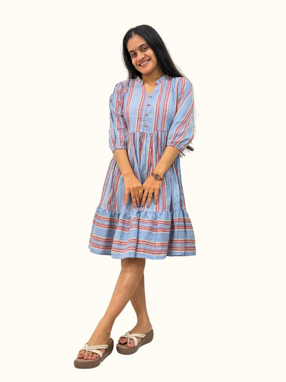 Sky Blue Cotton Blend Dress with Ruffle Neck & Puff Sleeves