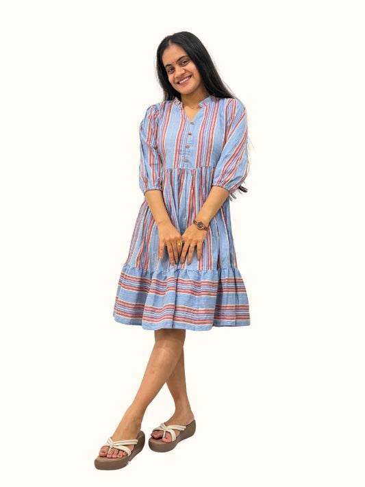 Sky Blue Cotton Blend Dress with Ruffle Neck & Puff Sleeves