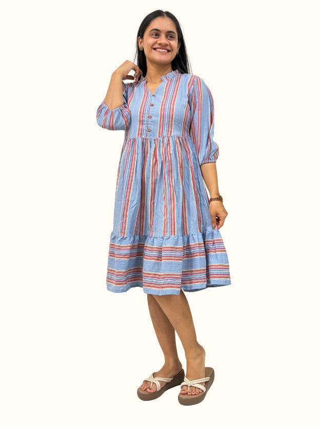 Sky Blue Cotton Blend Dress with Ruffle Neck & Puff Sleeves