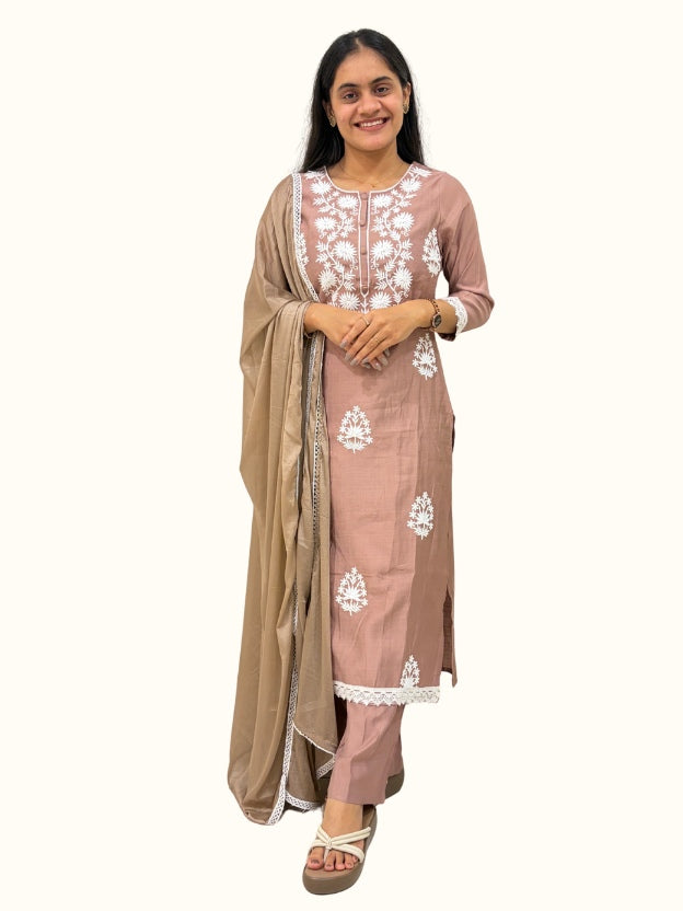 Brown Embroidered Silk Blend Straight Kurta Set with Dupatta