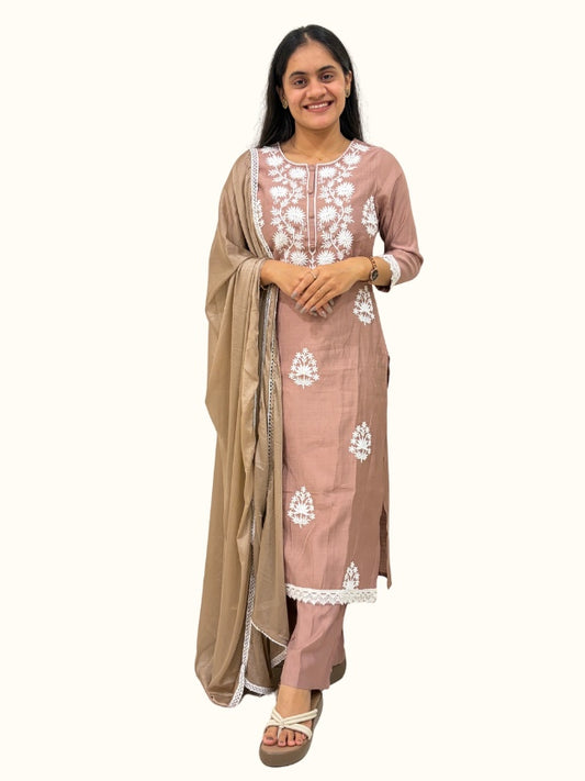 Brown Embroidered Silk Blend Straight Kurta Set with Dupatta