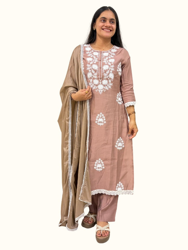 Brown Embroidered Silk Blend Straight Kurta Set with Dupatta