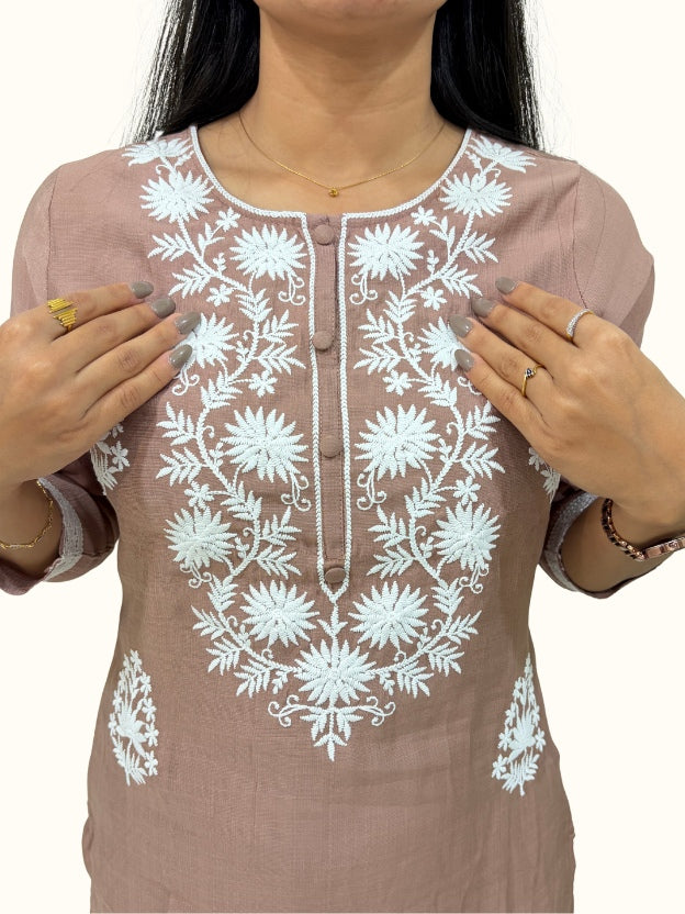 Brown Embroidered Silk Blend Straight Kurta Set with Dupatta