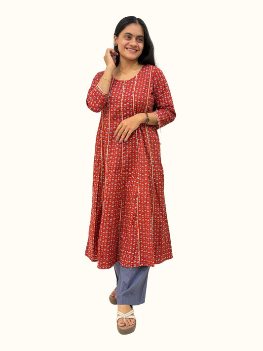Dusty Red Floral Printed Cotton Anarkali Kurta With Palazzo Set