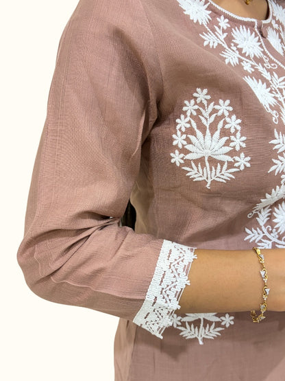 Brown Embroidered Silk Blend Straight Kurta Set with Dupatta