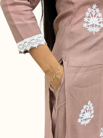 Brown Embroidered Silk Blend Straight Kurta Set with Dupatta