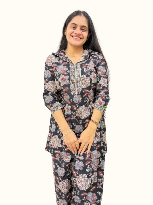 Black Floral Printed Cotton Co-Ord Set