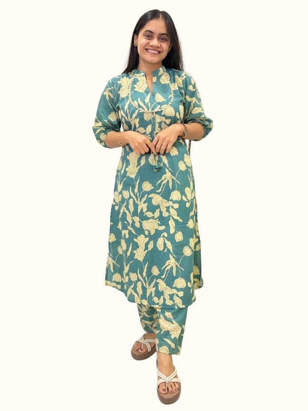 Teal Floral Cotton Co-Ord Set – Jaipuri Print Edition