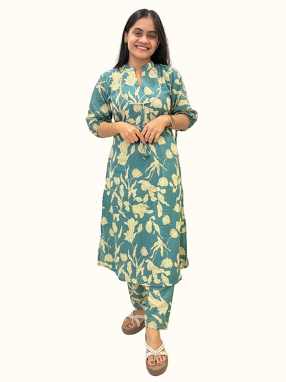 Teal Floral Cotton Co-Ord Set – Jaipuri Print Edition