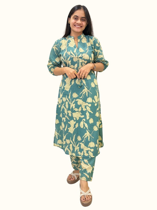 Teal Floral Cotton Co-Ord Set – Jaipuri Print Edition