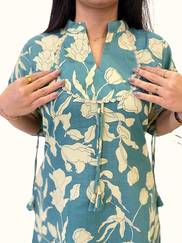 Teal Floral Cotton Co-Ord Set – Jaipuri Print Edition