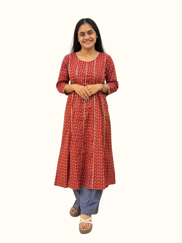 Dusty Red Floral Printed Cotton Anarkali Kurta With Palazzo Set