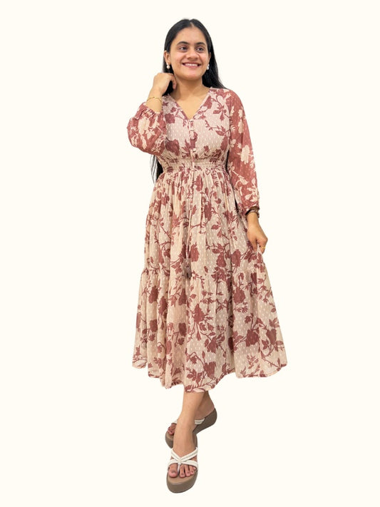 Brown Floral Dobby Georgette Flared Dress with Smocked Waist