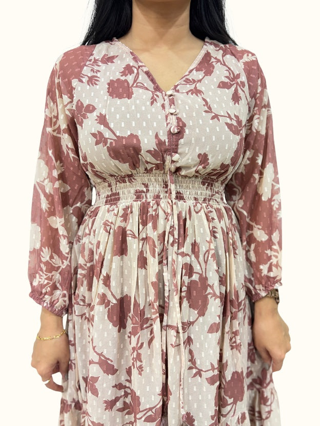 Brown Floral Dobby Georgette Flared Dress with Smocked Waist