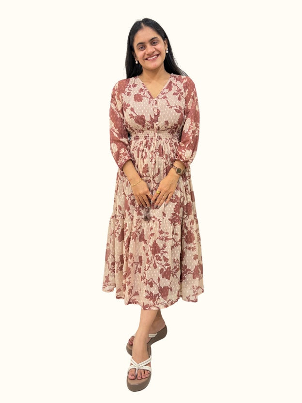 Brown Floral Dobby Georgette Flared Dress with Smocked Waist