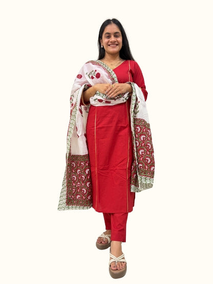 Crimson Gota Grace Cotton Kurta Set with Floral Dupatta