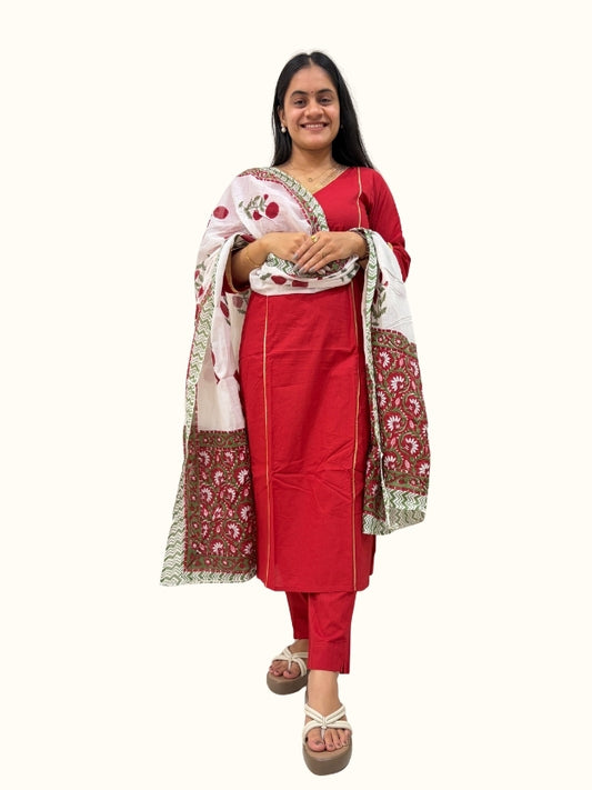 Crimson Gota Grace Cotton Kurta Set with Floral Dupatta
