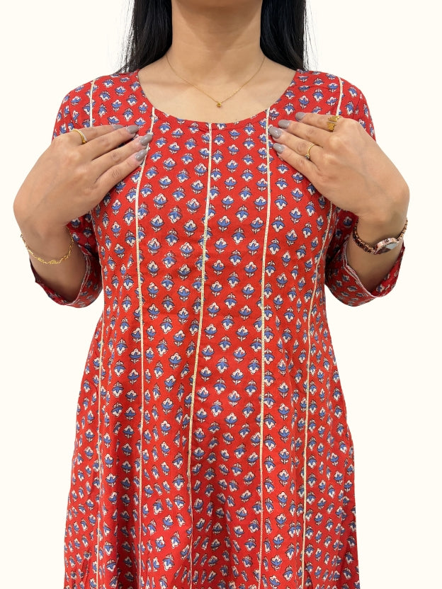Dusty Red Floral Printed Cotton Anarkali Kurta With Palazzo Set
