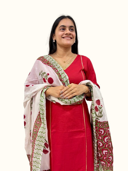 Crimson Gota Grace Cotton Kurta Set with Floral Dupatta