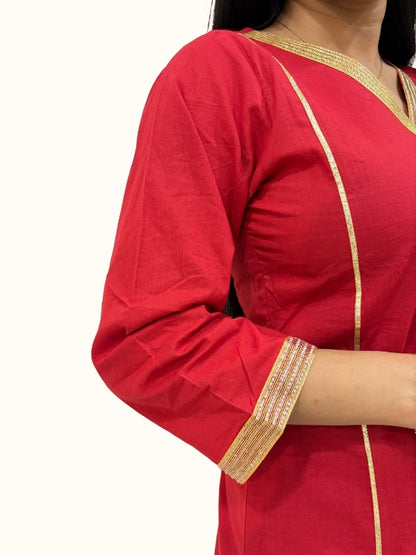 Crimson Gota Grace Cotton Kurta Set with Floral Dupatta