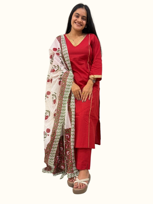 Crimson Gota Grace Cotton Kurta Set with Floral Dupatta