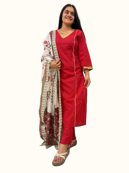 Crimson Gota Grace Cotton Kurta Set with Floral Dupatta