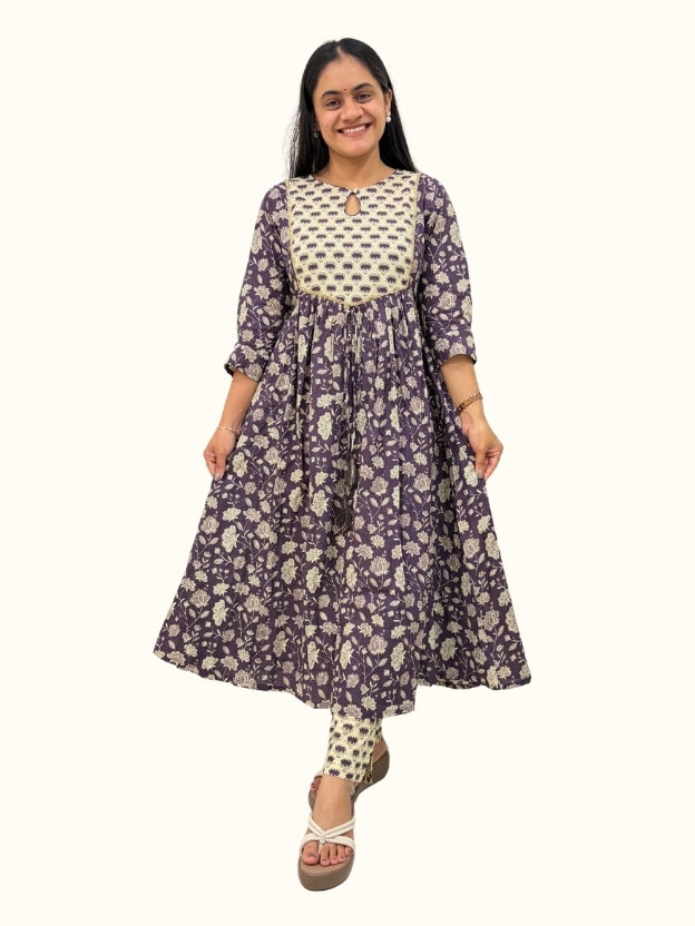 Amethyst Bloom Cotton A-Line Kurta Set