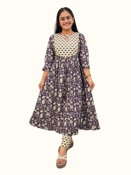 Amethyst Bloom Cotton A-Line Kurta Set