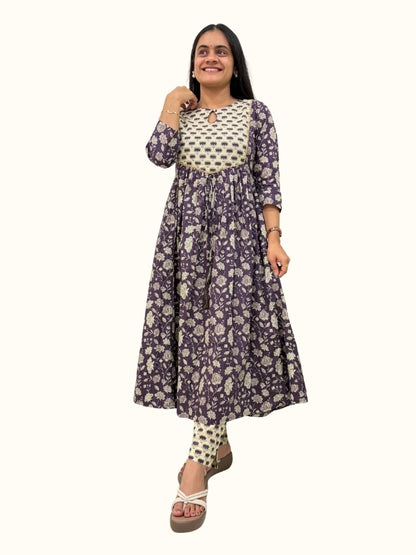 Amethyst Bloom Cotton A-Line Kurta Set
