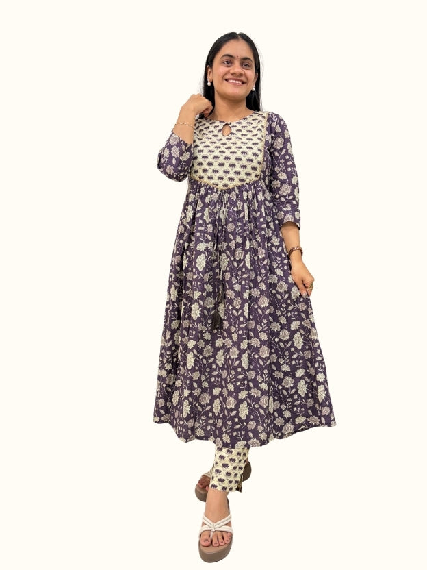 Amethyst Bloom Cotton A-Line Kurta Set