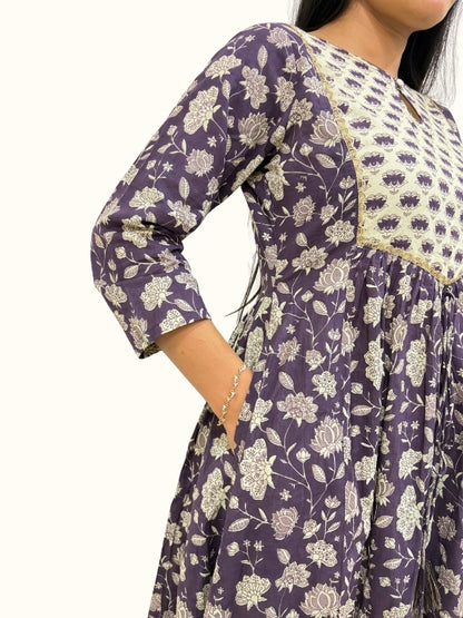 Amethyst Bloom Cotton A-Line Kurta Set