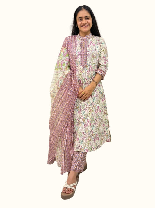 Pastel Gulmohar Jaipuri Printed Cotton Suit Set with Dupatta (3-Piece)