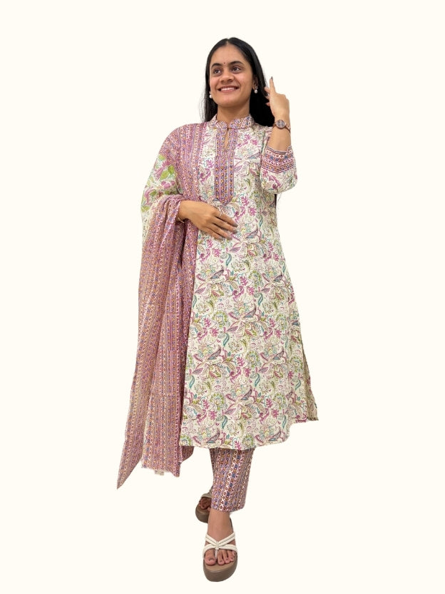 Pastel Gulmohar Jaipuri Printed Cotton Suit Set with Dupatta (3-Piece)