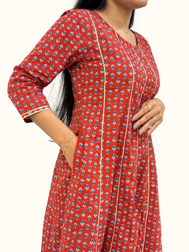 Dusty Red Floral Printed Cotton Anarkali Kurta With Palazzo Set