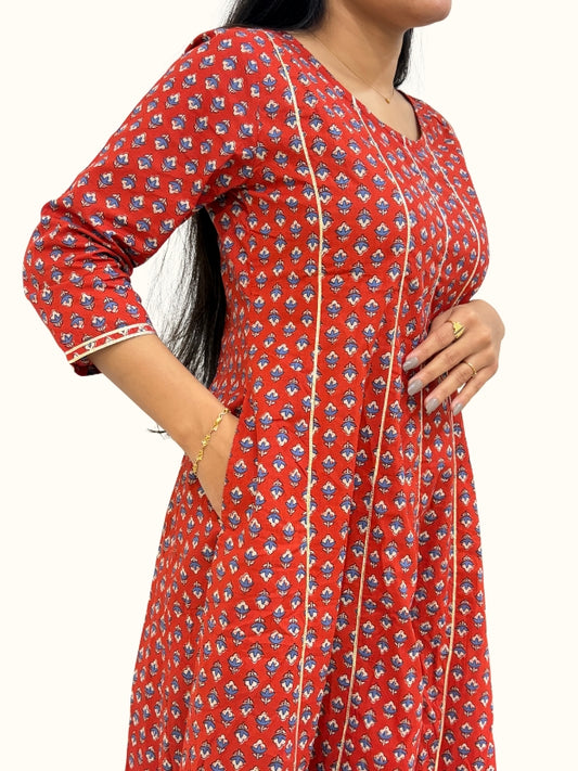 Dusty Red Floral Printed Cotton Anarkali Kurta With Palazzo Set
