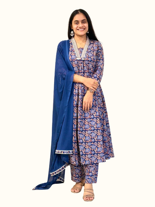 Blue Cotton Floral A-Line Kurta Set with Chiffon Dupatta