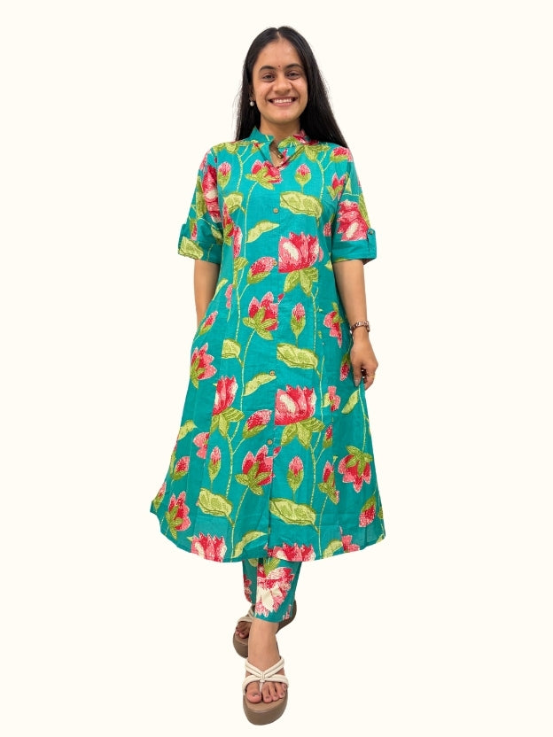 Jade Lotus – Premium Jaipuri Floral Cotton Co-Ord Set