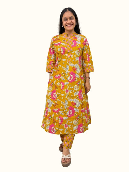 Sunlit Marigold Bloom – Premium Mustard Floral Cotton Co-Ord Set