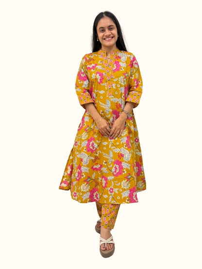 Sunlit Marigold Bloom – Premium Mustard Floral Cotton Co-Ord Set